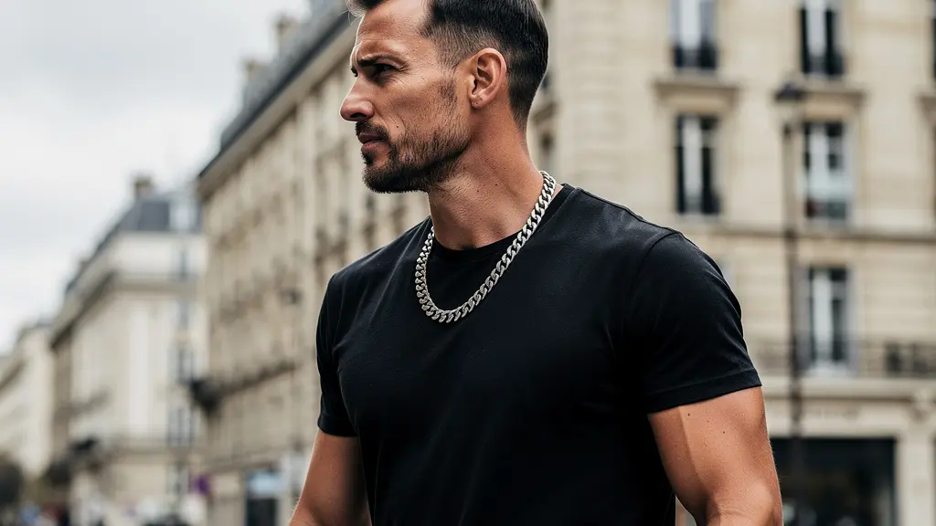 Homme athlétique portant une chaîne épaisse en milieu urbain, style streetwear