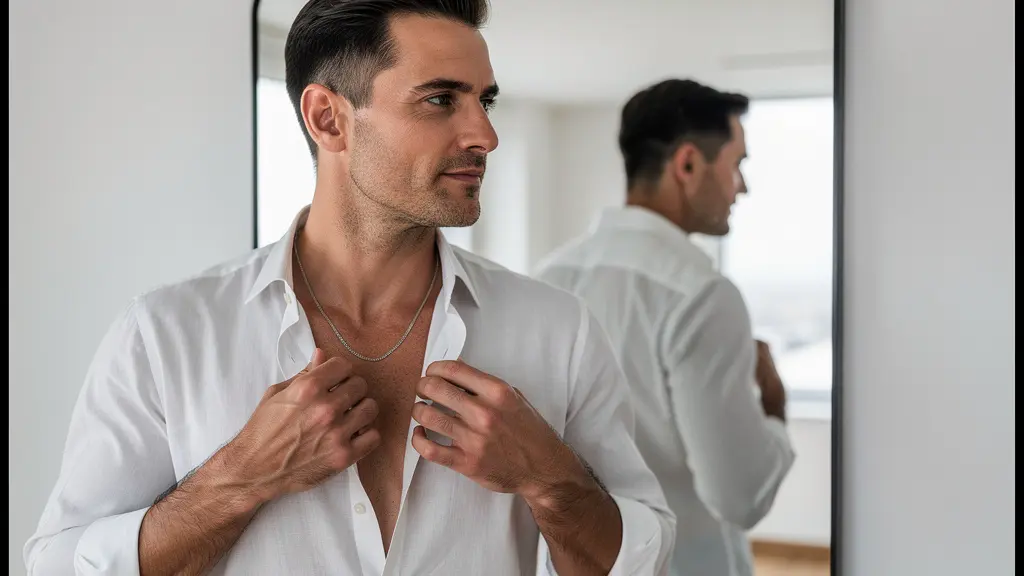 Homme ajustant son collier discret devant un miroir, style masculin affirmé