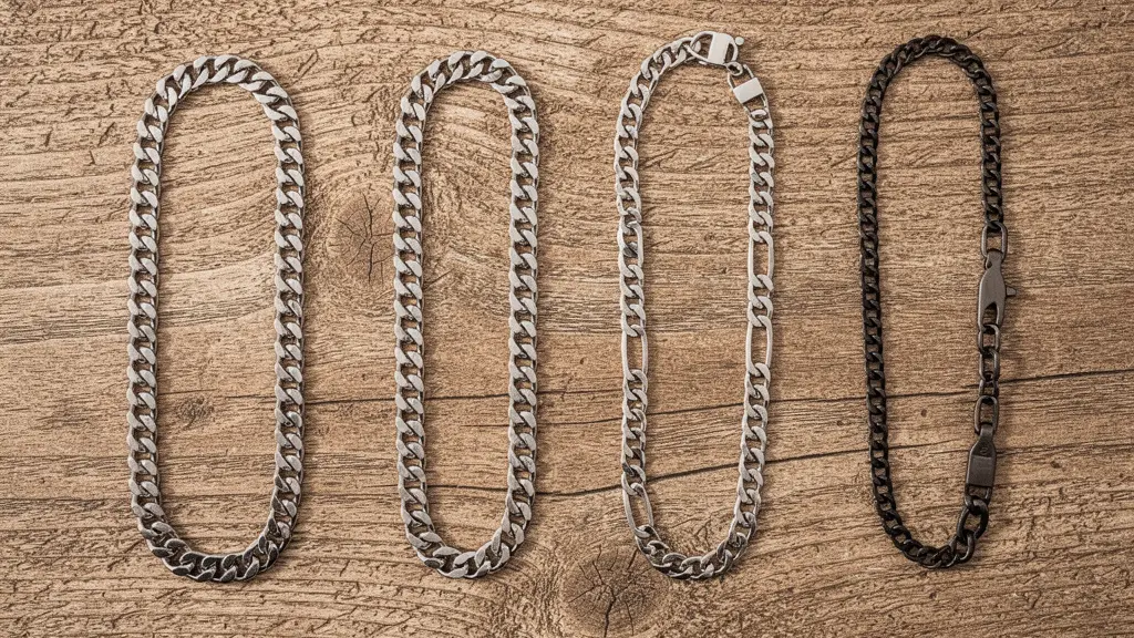 Différents styles de chaînes masculines présentés sur surface bois naturel